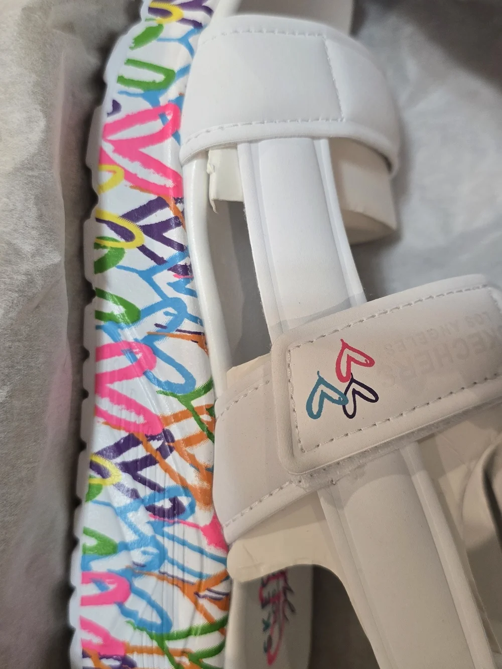 Skechers White Platform Sandals with Colorful Graffiti Trim